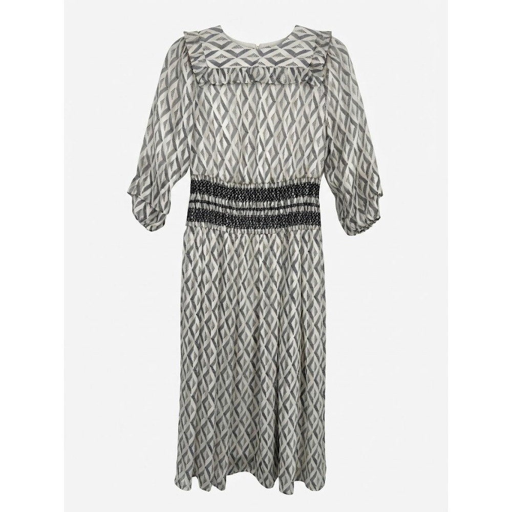 Nora Noh Black White Diamond Midi Dress Metallic Gold Thread Sz 6 - CJ